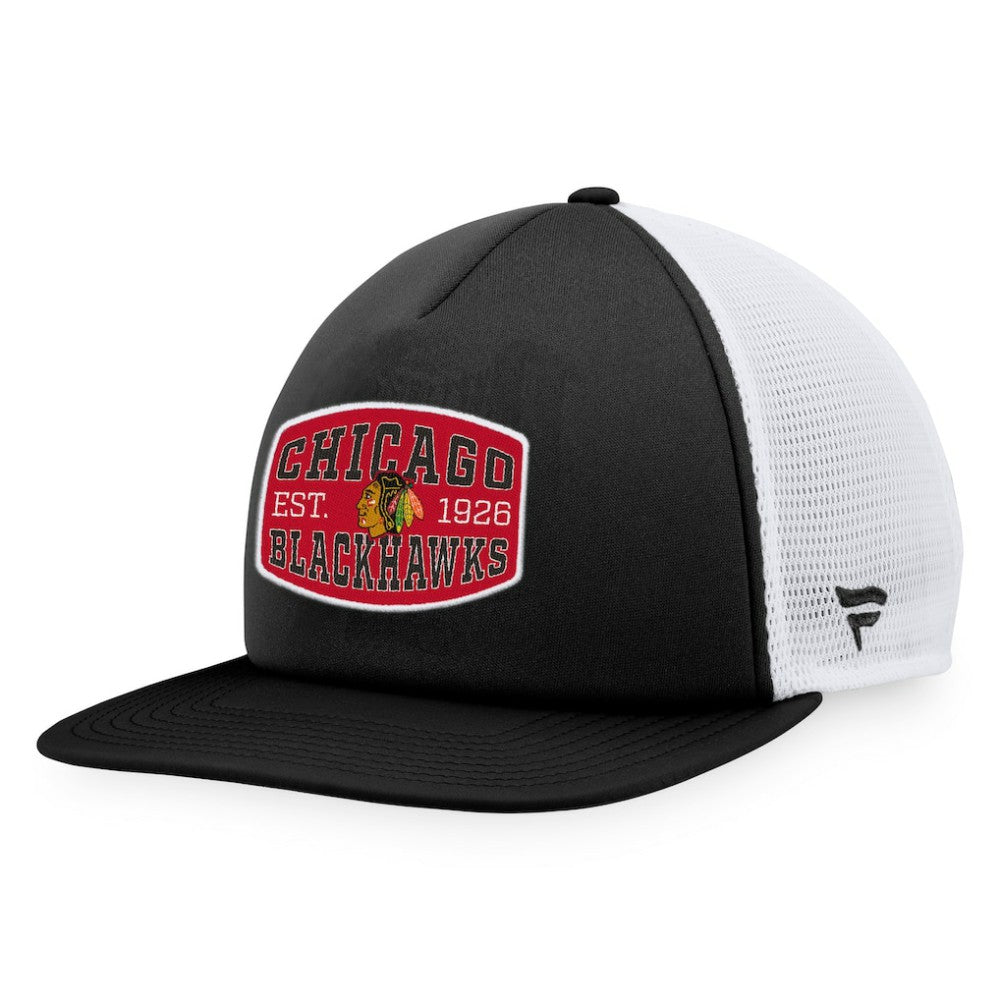 NHL Black/White Chicago Blackhawks Fanatics Foam Front Patch Trucker Snapback Hat