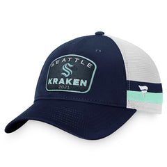 NHL Deep Sea Blue/White Seattle Kraken Fanatics Fundamental Striped Trucker Adjustable Hat