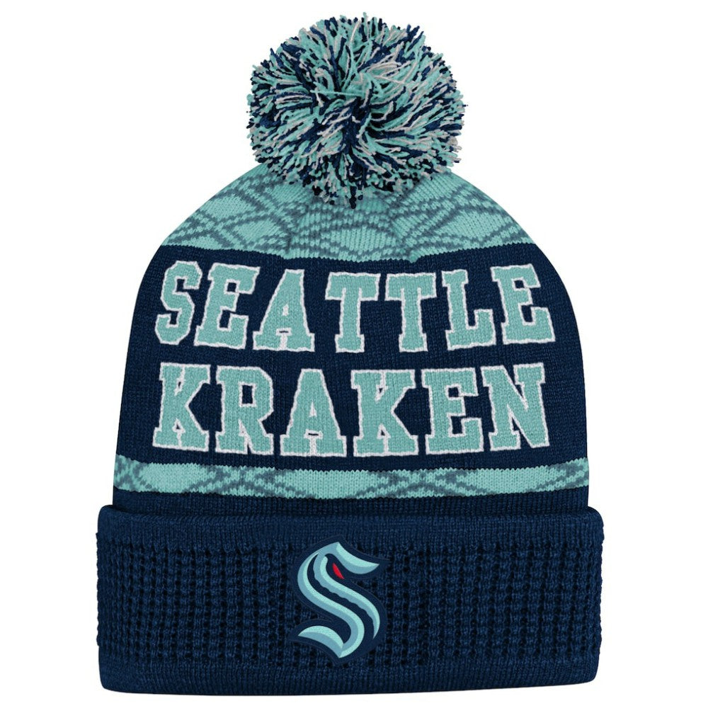 NHL Deep Sea Blue Seattle Kraken Youth Puck Cuffed Knit Hat with Pom