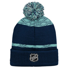 NHL Deep Sea Blue Seattle Kraken Youth Puck Cuffed Knit Hat with Pom