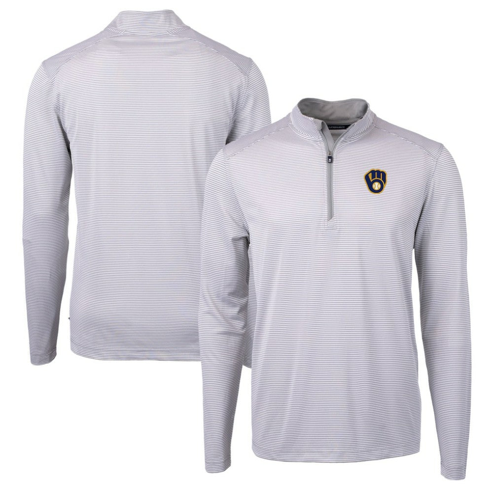 MLB Milwaukee Brewers Cutter & Buck Virtue Eco Pique Micro Stripe Recycled Quarter-Zip Pullover Top