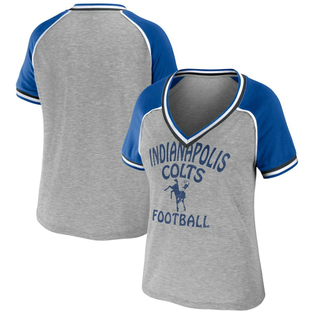 WEAR by Erin Andrews Women's Cropped Raglan Throwback V-Neck T-Shirt - Indianapolis Colts