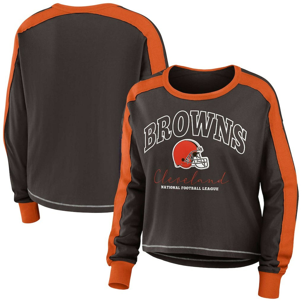 WEAR by Erin Andrews Women's Color Block Modest Crop Long Sleeve T-Shirt - Cleveland Browns