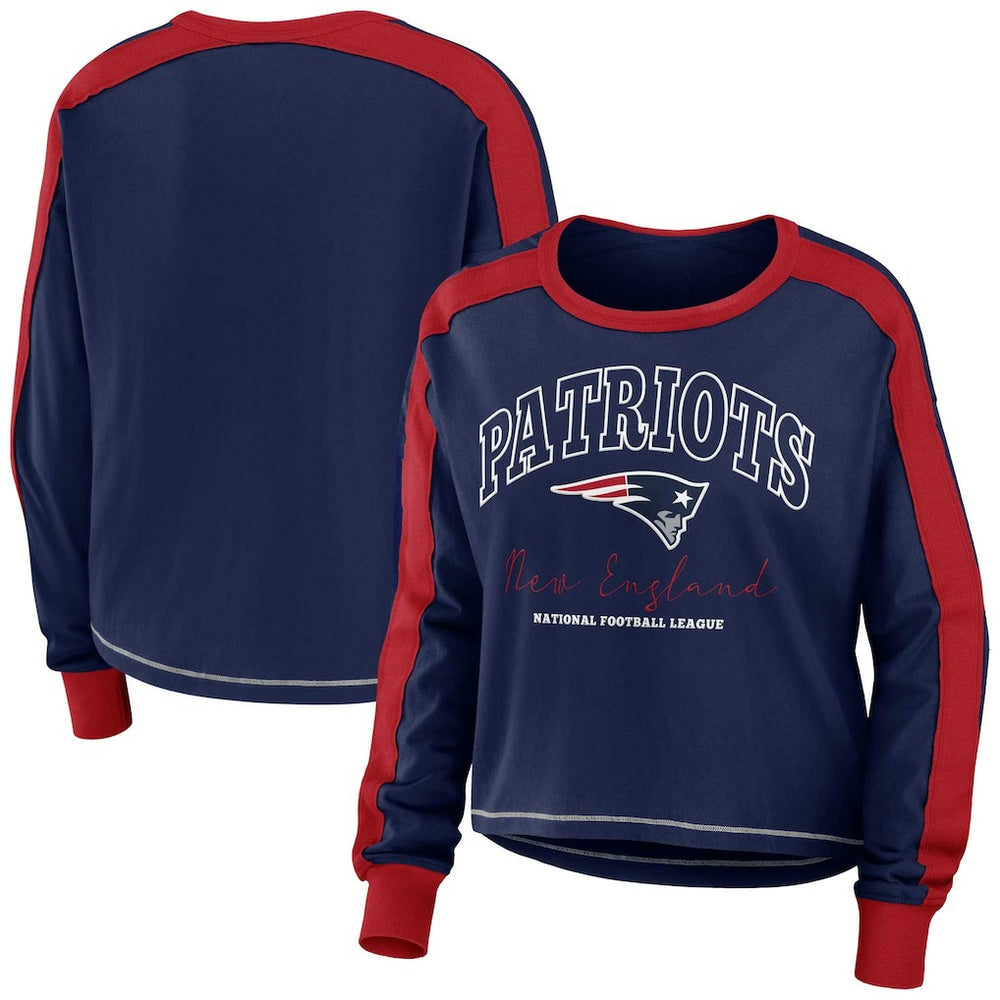 WEAR by Erin Andrews Women's Color Block Modest Crop Long Sleeve T-Shirt - New England Patriots