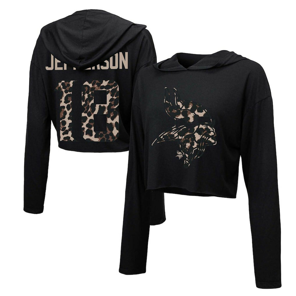 Justin Jefferson Majestic Threads Women's Leopard Player Name & Number Long Sleeve Cropped Hoodie - Minnesota Vikings