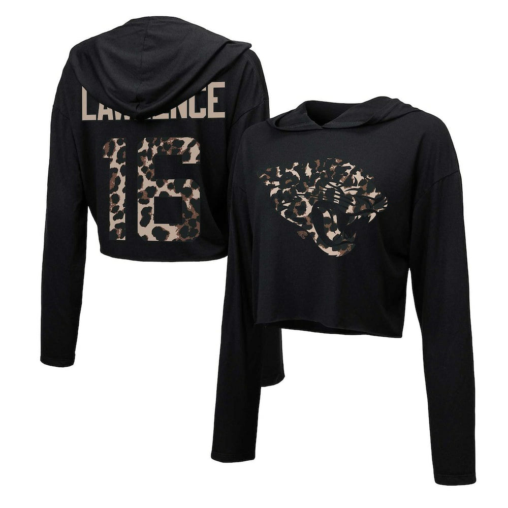 Trevor Lawrence Majestic Threads Women's Leopard Player Name & Number Long Sleeve Cropped Hoodie - Jacksonville Jaguars