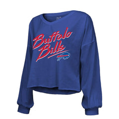 Josh Allen Majestic Threads Women's Name & Number Off-Shoulder Script Cropped Long Sleeve Relaxed V-Neck T-Shirt - Buffalo Bills