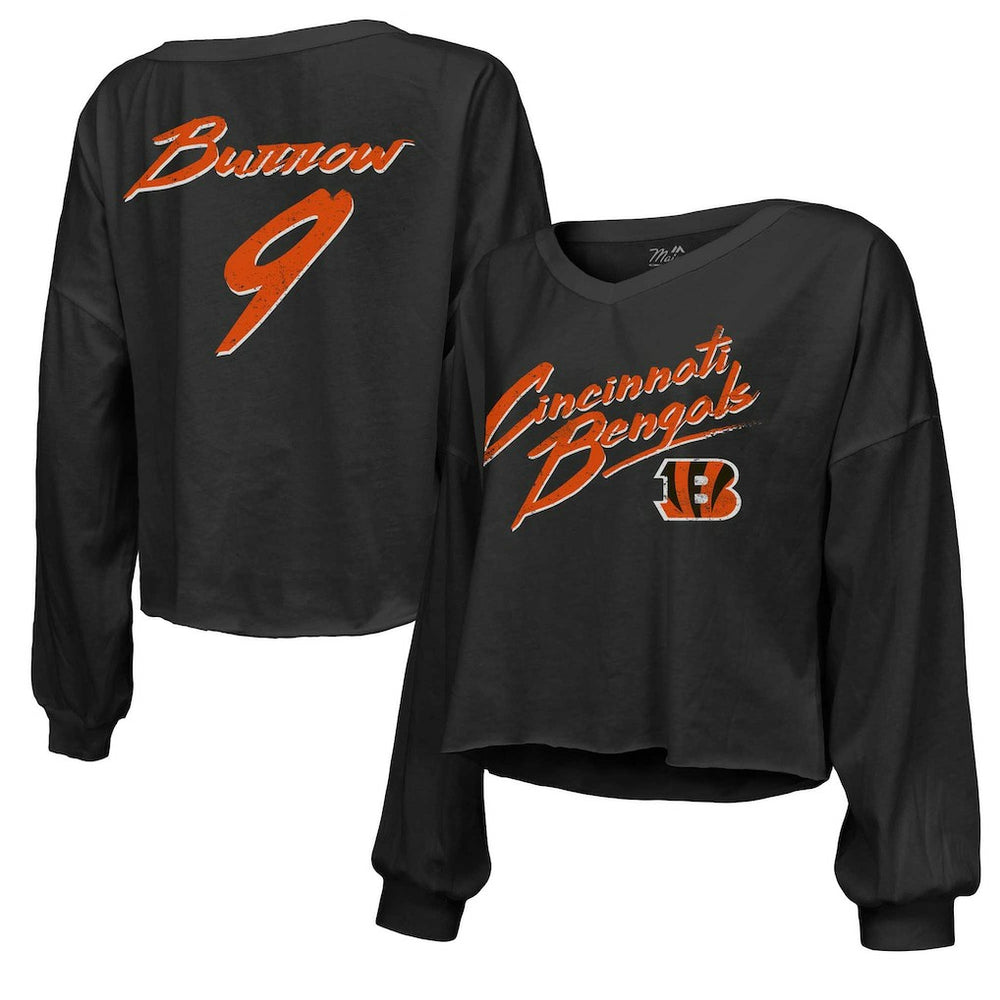 Joe Burrow Majestic Threads Women's Name & Number Off-Shoulder Script Cropped Long Sleeve Relaxed V-Neck T-Shirt - Cincinnati Bengals