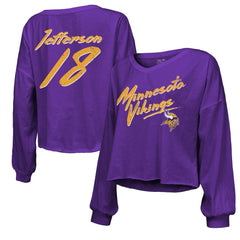 Justin Jefferson Majestic Threads Women's Name & Number Off-Shoulder Script Cropped Long Sleeve V-Neck T-Shirt - Minnesota Vikings
