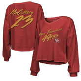 Christian McCaffrey Majestic Threads Women's Name & Number Off-Shoulder Script Cropped Long Sleeve V-Neck T-Shirt - San Francisco 49ers