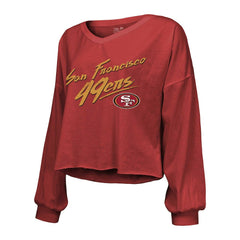 Christian McCaffrey Majestic Threads Women's Name & Number Off-Shoulder Script Cropped Long Sleeve V-Neck T-Shirt - San Francisco 49ers