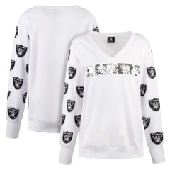 Cuce Women's Sequin Fleece V-Neck T-Shirt - Las Vegas Raiders