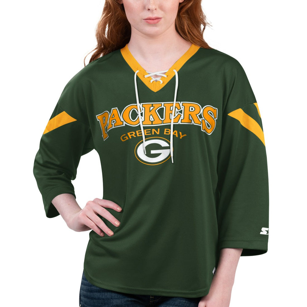 Starter Women's Rally Lace-Up 3/4 Sleeve T-Shirt - Green Bay Packers