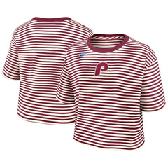 MLB Philadelphia Phillies Nike Women's Cooperstown Collection Striped Cropped T-Shirt