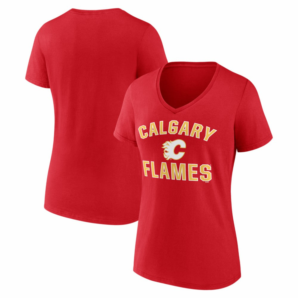 NHL Red Calgary Flames Logo Athletic Women's Arch Victory V-Neck T-Shirt