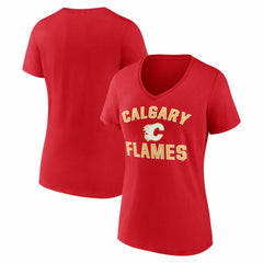 NHL Red Calgary Flames Logo Athletic Women's Arch Victory V-Neck T-Shirt