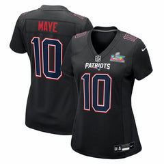 Drake Maye Women's Super Bowl LX Patch Carbon Fashion Game Jersey - New England Patriots