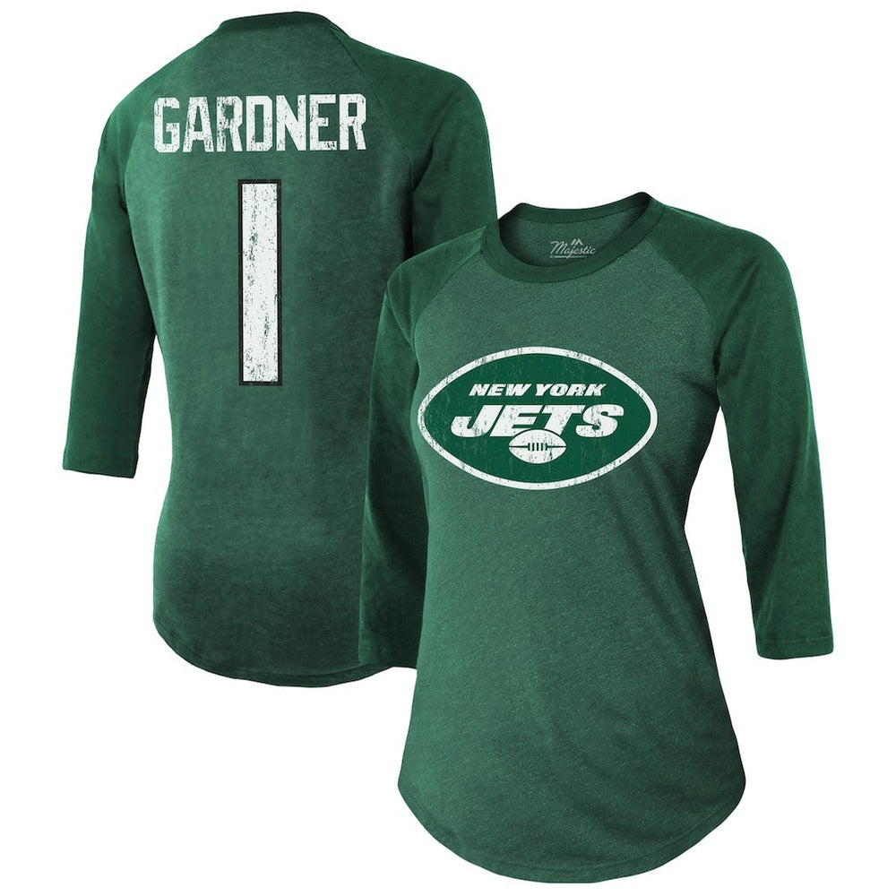 Ahmad Sauce Gardner Majestic Threads Women's Player Name & Number Tri-Blend 3/4-Sleeve Fitted T-Shirt - New York Jets