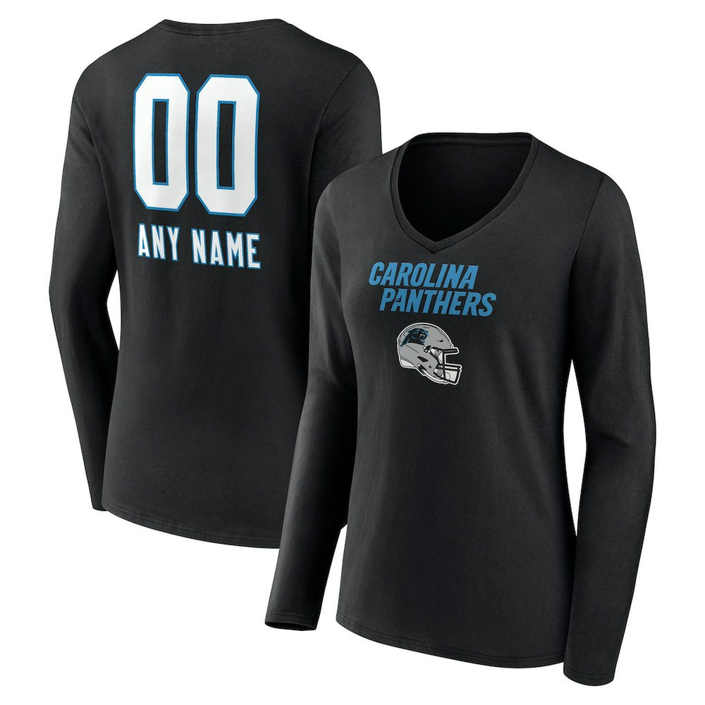 Women's Personalized Name & Number Team Wordmark Long Sleeve V-Neck T-Shirt - Carolina Panthers