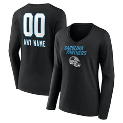 Women's Personalized Name & Number Team Wordmark Long Sleeve V-Neck T-Shirt - Carolina Panthers