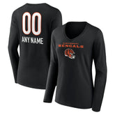 Women's Personalized Name & Number Team Wordmark Long Sleeve V-Neck T-Shirt - Cincinnati Bengals