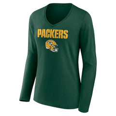 Women's Personalized Name & Number Team Wordmark Long Sleeve V-Neck T-Shirt - Green Bay Packers
