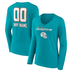 Women's Personalized Name & Number Team Wordmark Long Sleeve V-Neck T-Shirt - Miami Dolphins