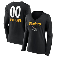 Women's Personalized Name & Number Team Wordmark Long Sleeve V-Neck T-Shirt - Pittsburgh Steelers