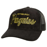 NHL Black Pittsburgh Penguins Mitchell & Ness Times Up Classic Script Cord Trucker Adjustable Hat