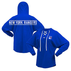 NHL Blue New York Rangers Fanatics Women's Jersey Lace-Up V-Neck Long Sleeve Hoodie T-Shirt