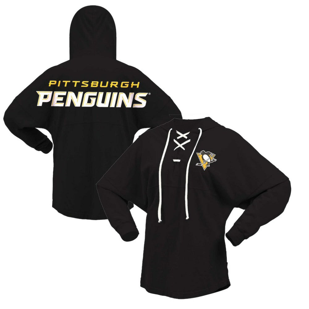 NHL Black Pittsburgh Penguins Fanatics Women's Jersey Lace-Up V-Neck Long Sleeve Hoodie T-Shirt