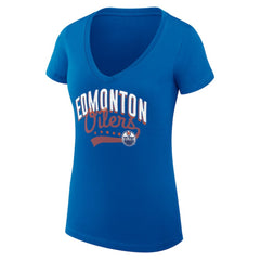 NHL Edmonton Oilers G-III 4Her by Carl Banks Women's Super-Slim Fit Lightweight Filigree Logo V-Neck T-Shirt – Royal