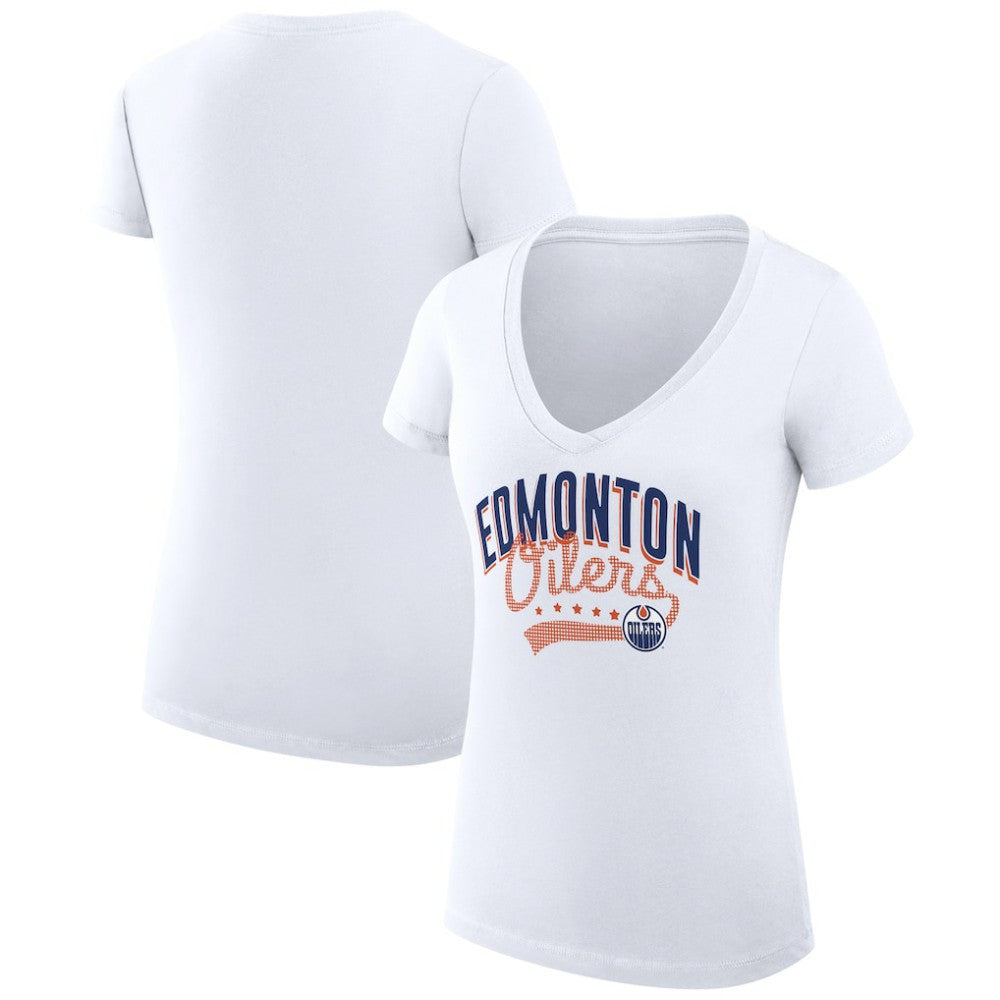 NHL Edmonton Oilers G-III 4Her by Carl Banks Women's Super-Slim Fit Lightweight Filigree Logo V-Neck T-Shirt – White