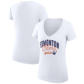 NHL Edmonton Oilers G-III 4Her by Carl Banks Women's Super-Slim Fit Lightweight Filigree Logo V-Neck T-Shirt – White