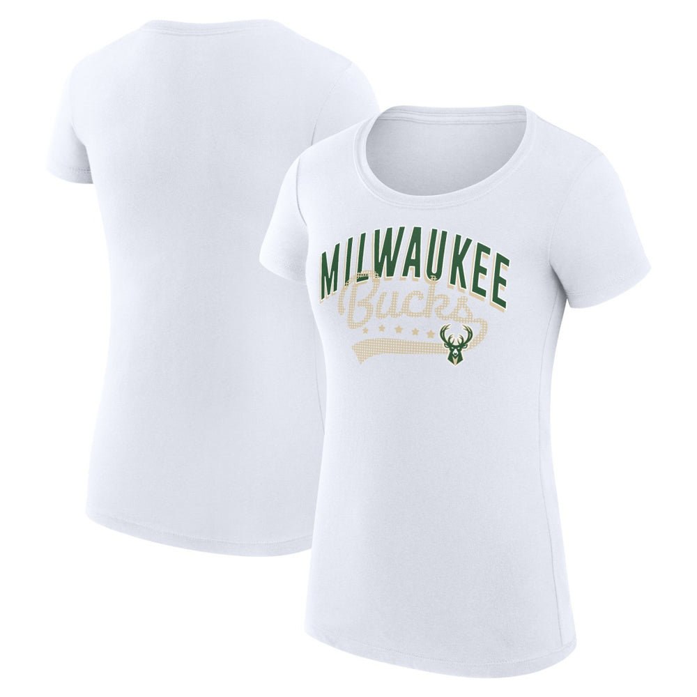 NBA Milwaukee Bucks G-III 4Her by Carl Banks Women's Super-Slim Fit Lightweight Filigree Logo T-Shirt - White outlet