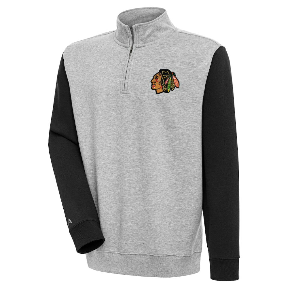 NHL Heather Gray/Black Chicago Blackhawks Antigua Victory Colorblock Quarter-Zip Pullover Top