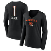 Ja'Marr Chase Women's Team Wordmark Player Name & Number Long Sleeve V-Neck T-Shirt - Cincinnati Bengals
