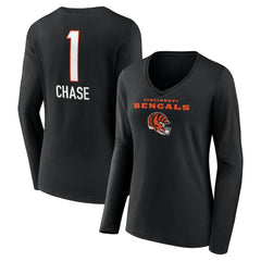 Ja'Marr Chase Women's Team Wordmark Player Name & Number Long Sleeve V-Neck T-Shirt - Cincinnati Bengals