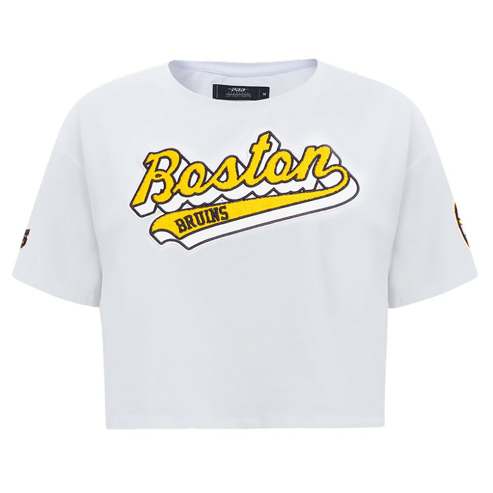 NHL White Boston Bruins Pro Standard Women's Boxy Script Tail Cropped T-Shirt