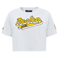 NHL White Boston Bruins Pro Standard Women's Boxy Script Tail Cropped T-Shirt