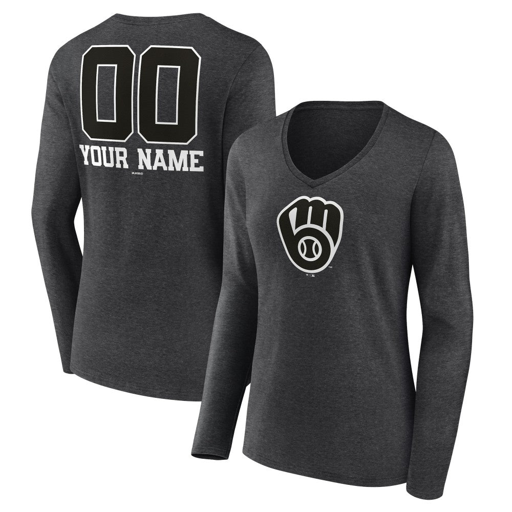 MLB Milwaukee Brewers Women's Personalized Monochrome Name & Number Long Sleeve V-Neck T-Shirt