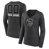MLB Milwaukee Brewers Women's Personalized Monochrome Name & Number Long Sleeve V-Neck T-Shirt