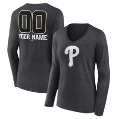 MLB Philadelphia Phillies Women's Personalized Monochrome Name & Number Long Sleeve V-Neck T-Shirt