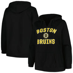NHL Black Boston Bruins Profile Women's Plus Size Arch Over Logo Pullover Hoodie