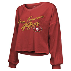 Brock Purdy Majestic Threads Women's Name & Number Off-Shoulder Script Cropped Long Sleeve Relaxed V-Neck T-Shirt - San Francisco 49ers