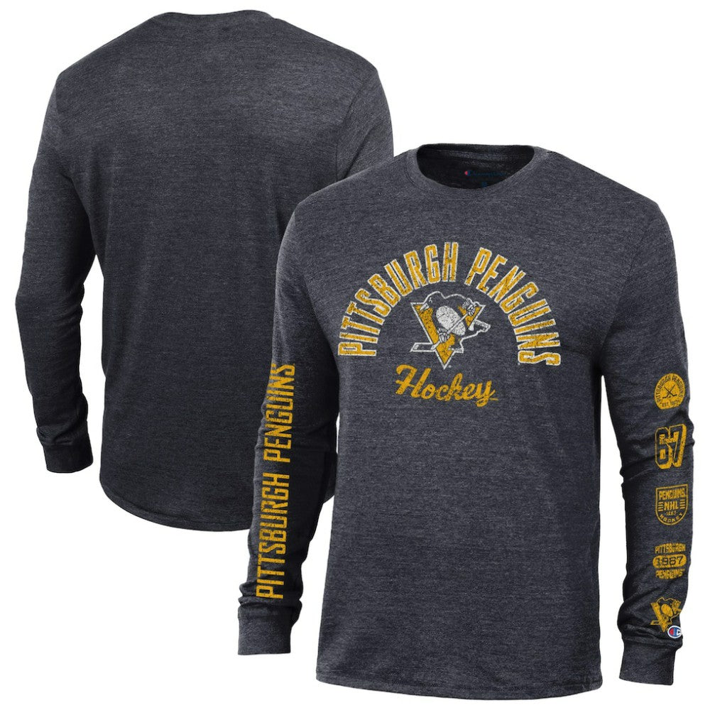 NHL Heather Black Pittsburgh Penguins Champion Multi-Logo Tri-Blend Long Sleeve T-Shirt