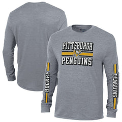 NHL Heather Gray Pittsburgh Penguins Champion Tri-Blend Dual-Stripe Long Sleeve T-Shirt