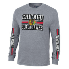NHL Heather Gray Chicago Blackhawks Champion Tri-Blend Dual-Stripe Long Sleeve T-Shirt