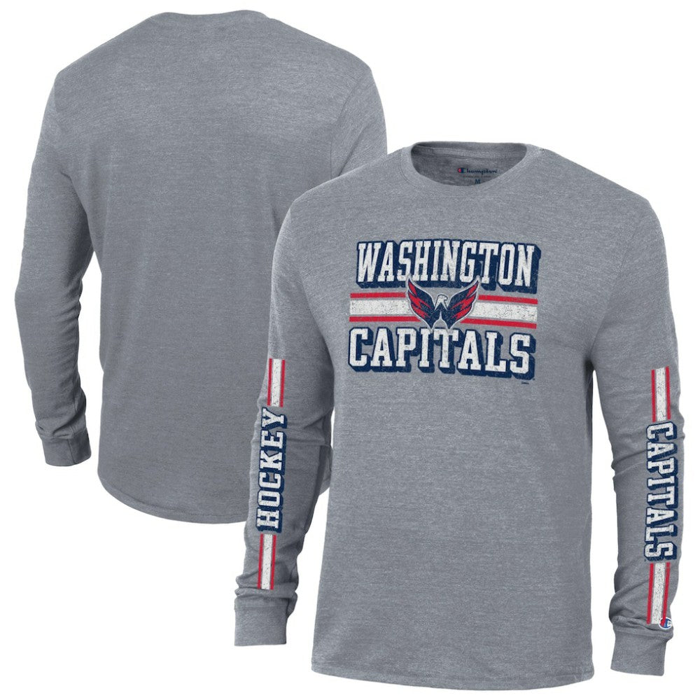 NHL Heather Gray Washington Capitals Champion Tri-Blend Dual-Stripe Long Sleeve T-Shirt