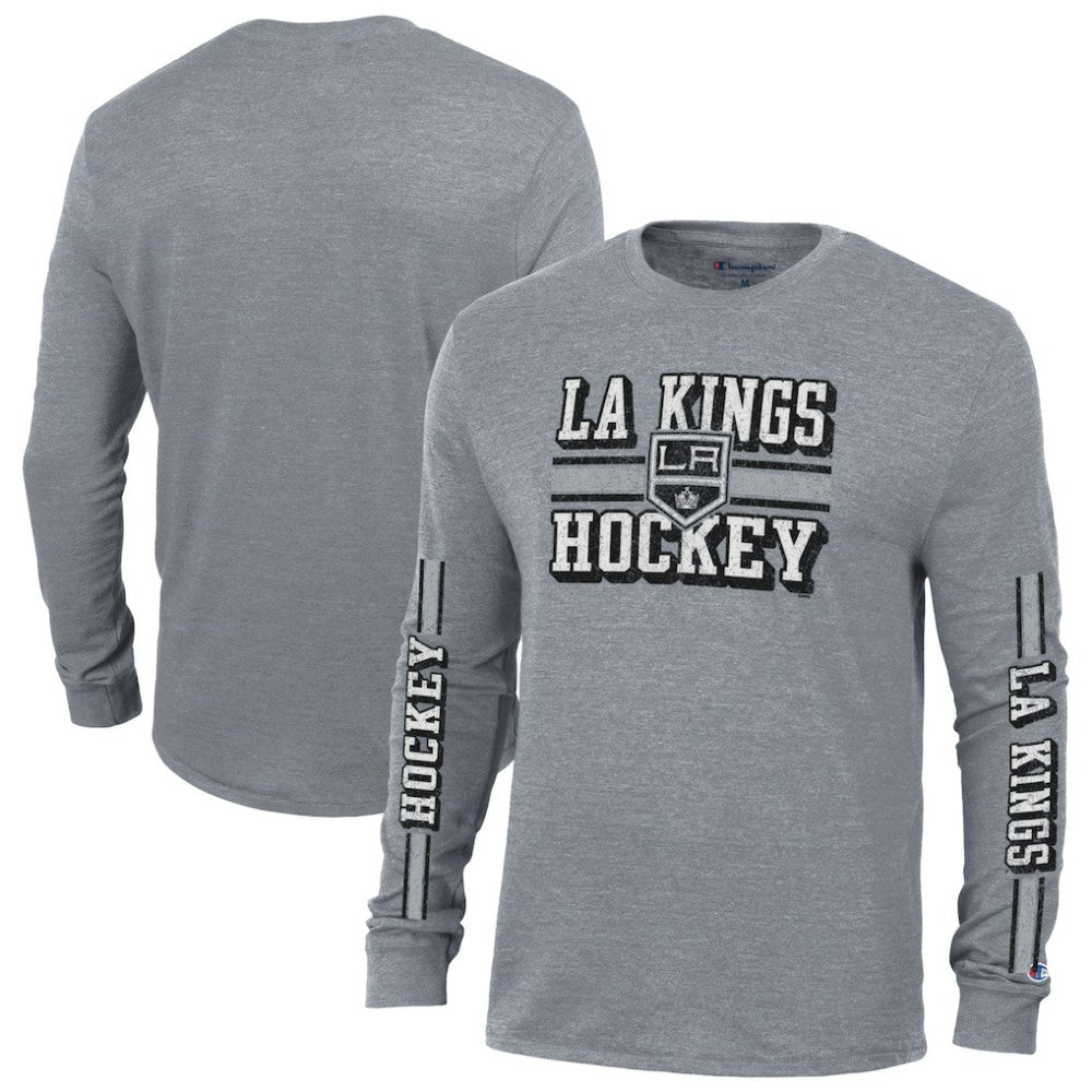 NHL Heather Gray Los Angeles Kings Champion Tri-Blend Dual-Stripe Long Sleeve T-Shirt